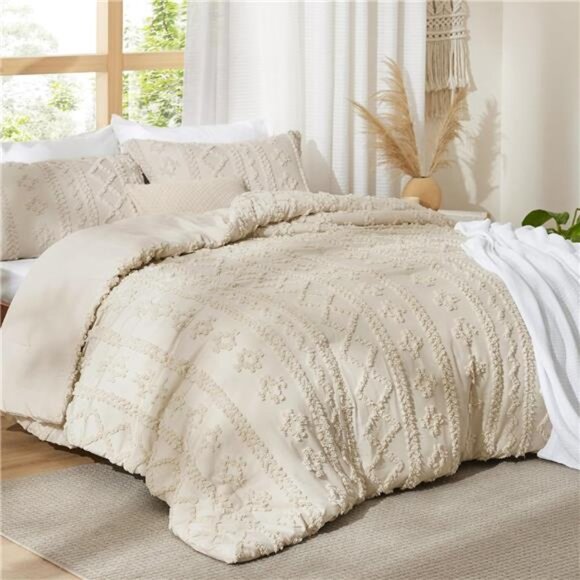 Tufted Boho Comforter Set King Size - Beige Boho Bed Set, 3 Pieces Farmhouse - Picture 6 of 7